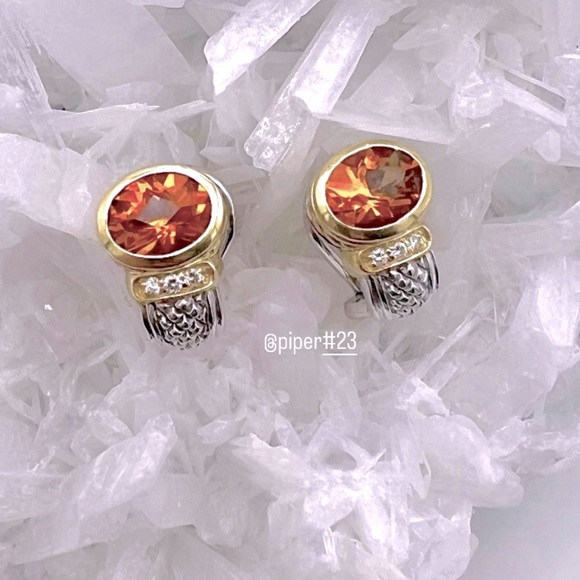 Judith Ripka JR TWO Sterling Silver 18K Gold Citrine & Diamond Huggie Earrings - Picture 1 of 12